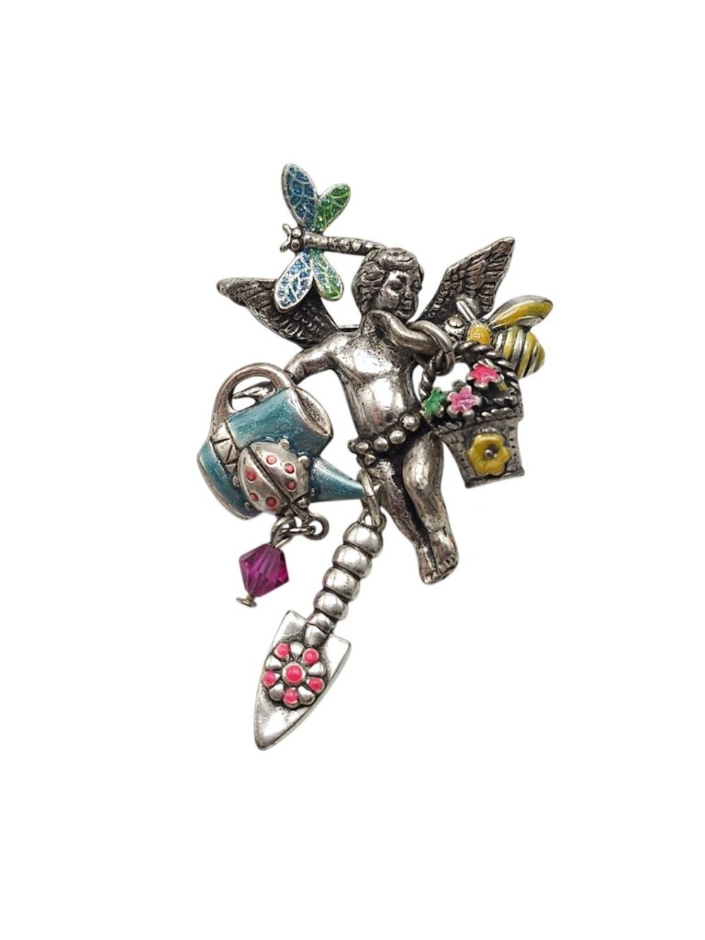 Kirks Folly Angel Garden Themed Enameled Pin Brooch Watering Can Dragonfly